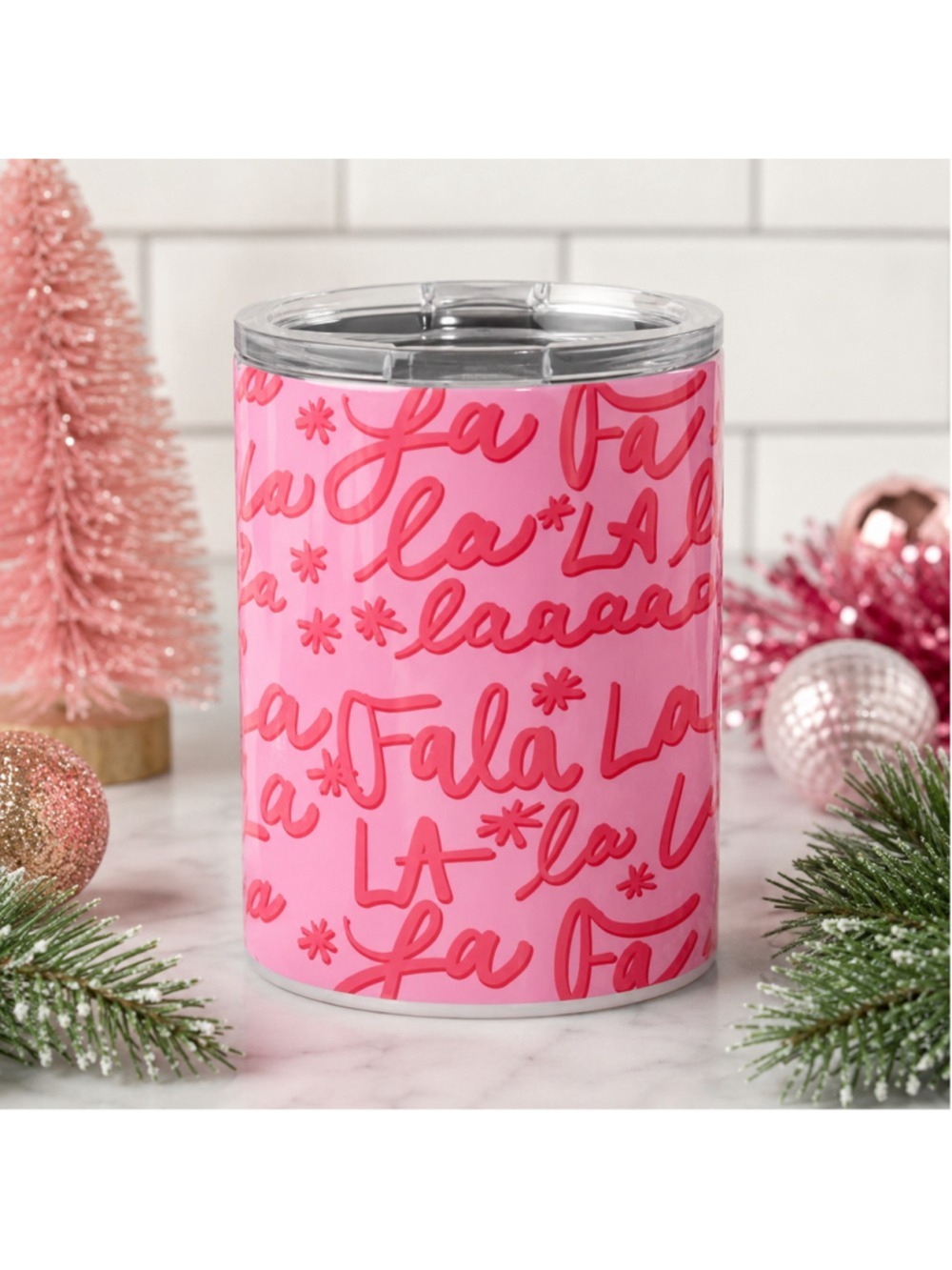 Pink Falala Double Wall Acrylic Tumbler Holiday Cup w/ Slider Lid